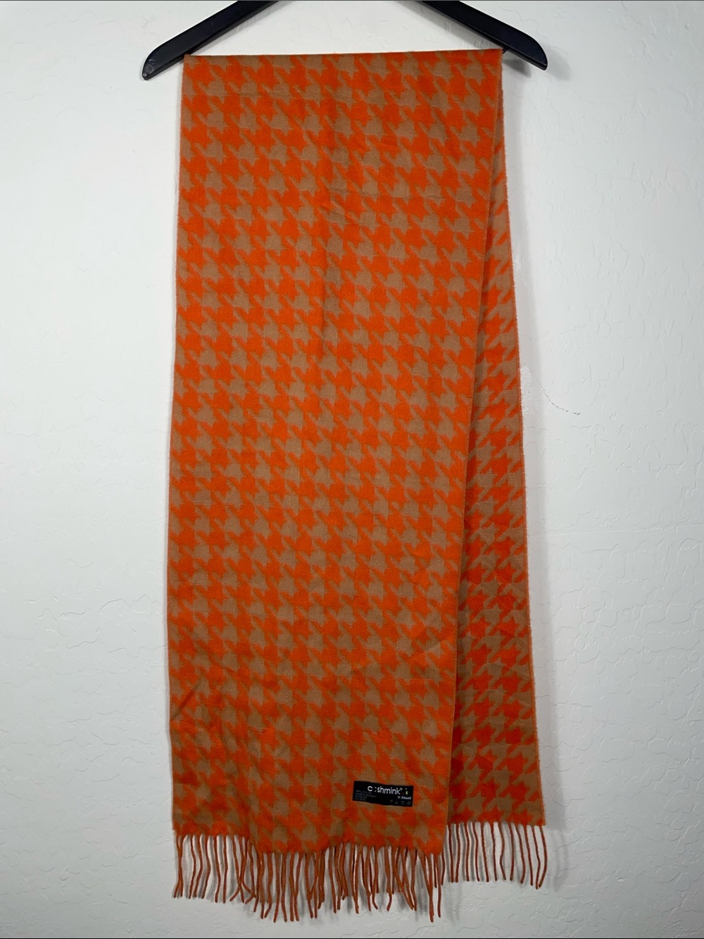 Orange & Camel Houndstooth Fringe Scarf